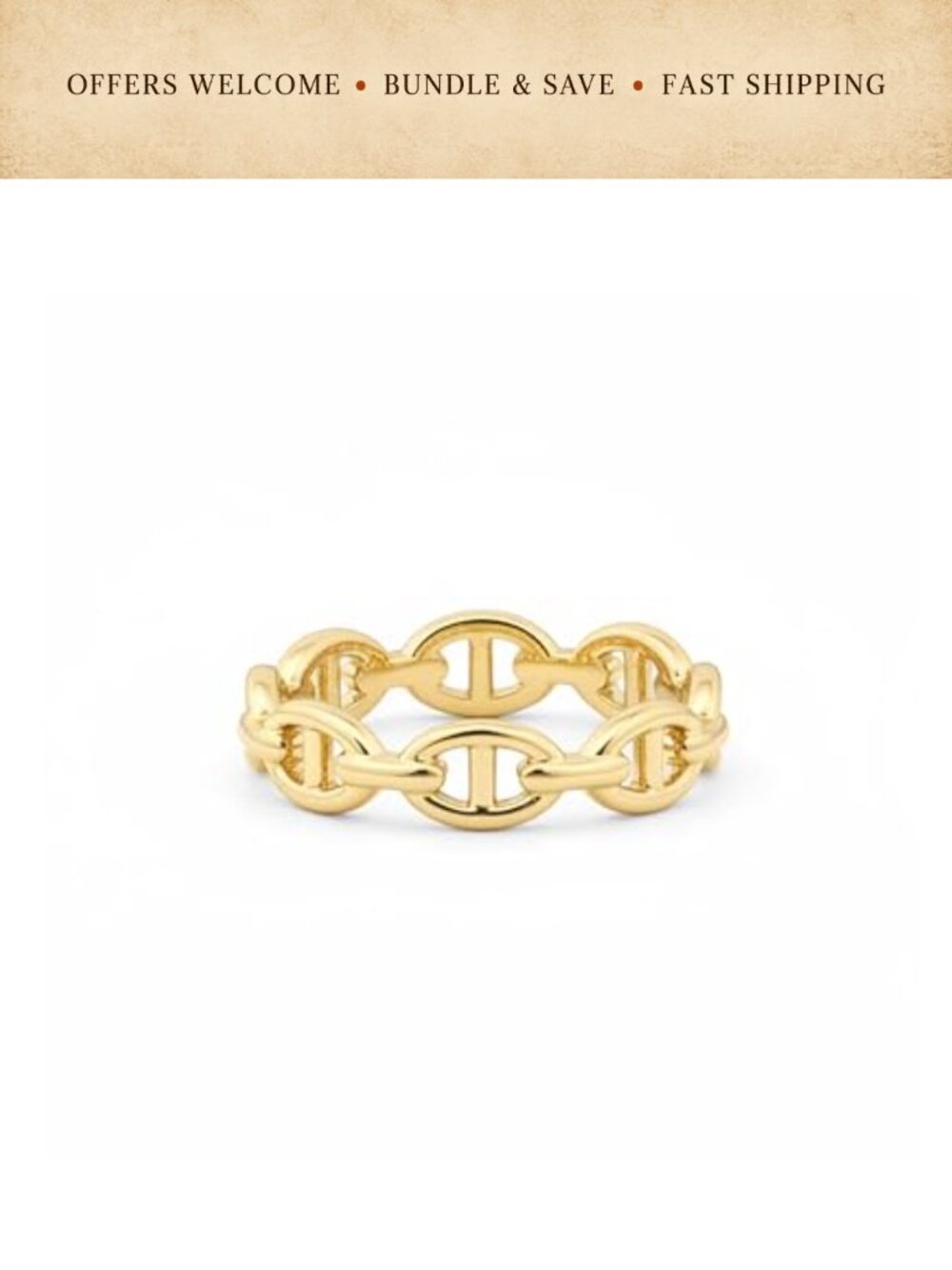 14K Gold Plated Link Chain Ring Stackable Stainless Steel Band